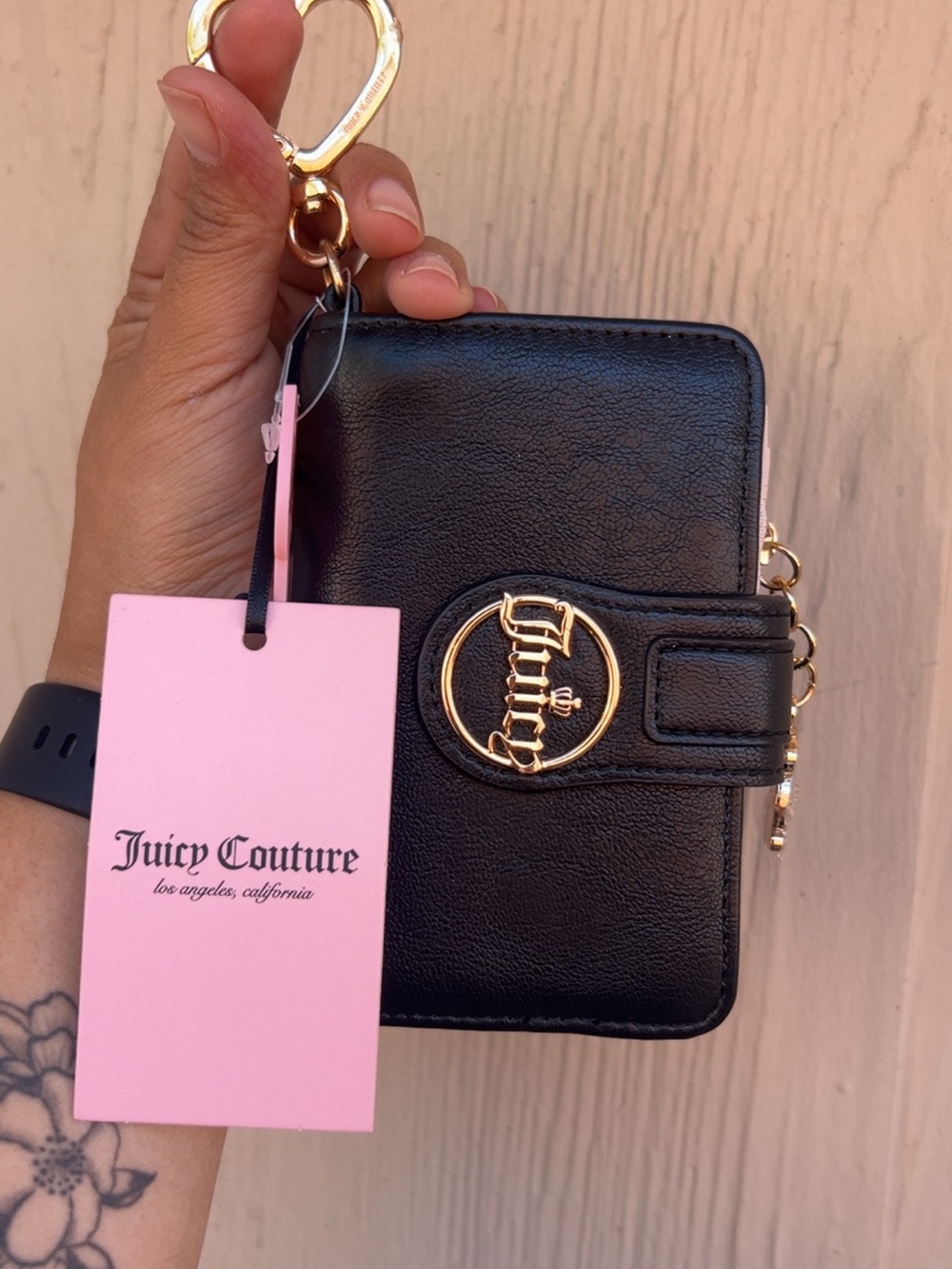 Juicy Couture Black Wallet Key Pouch with Gold Logo and Pink Tag